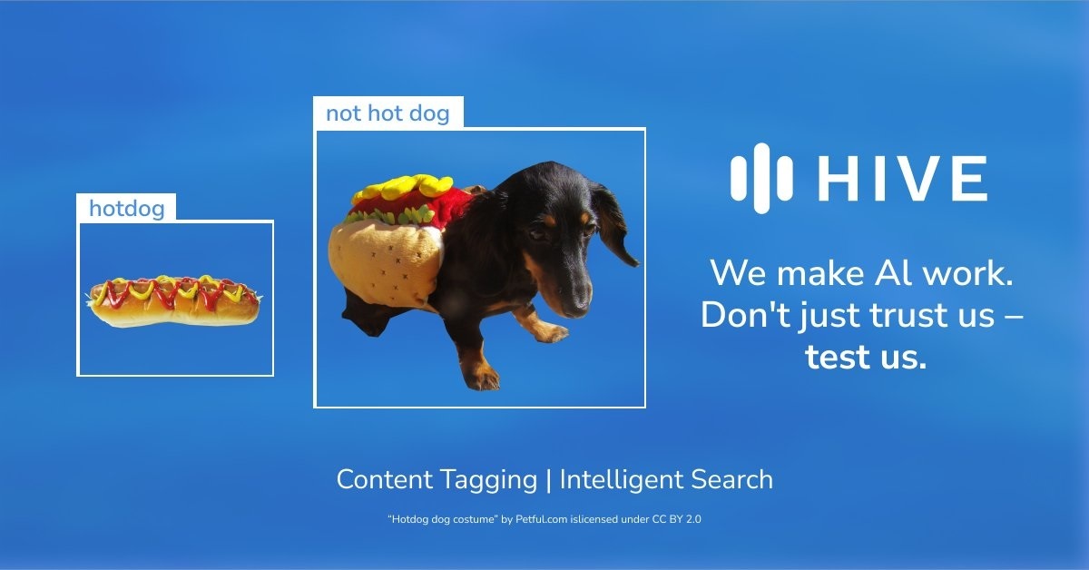 Hive differentiates a hotdog from a dog in a costume