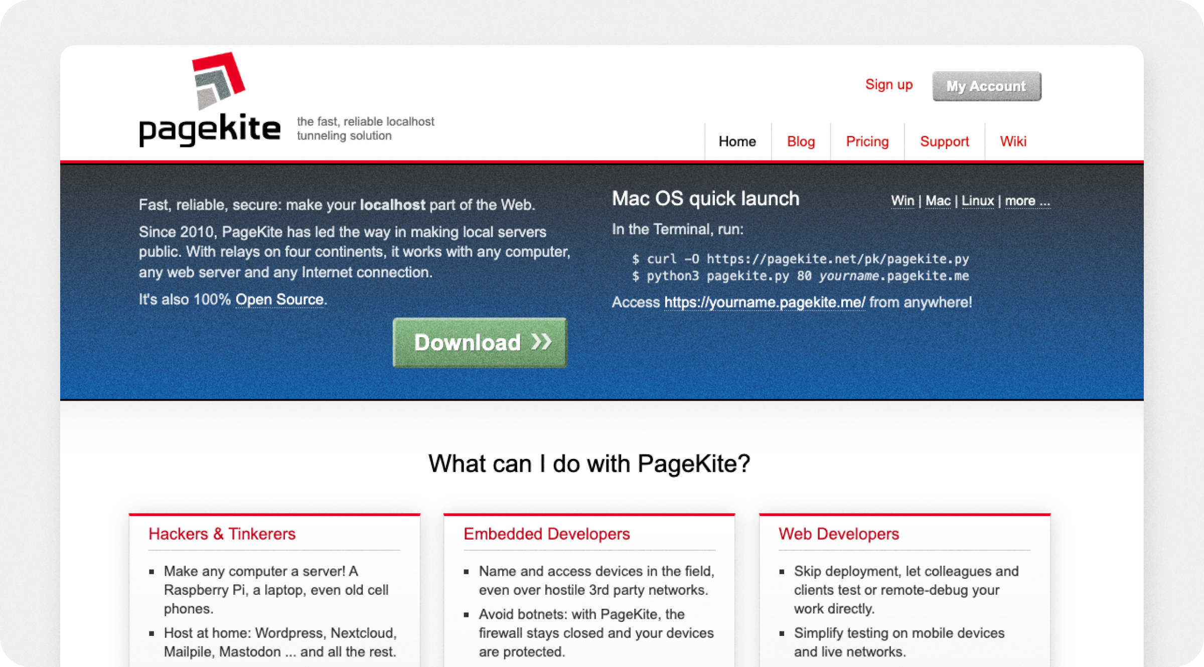A screenshot of the PageKite homepage