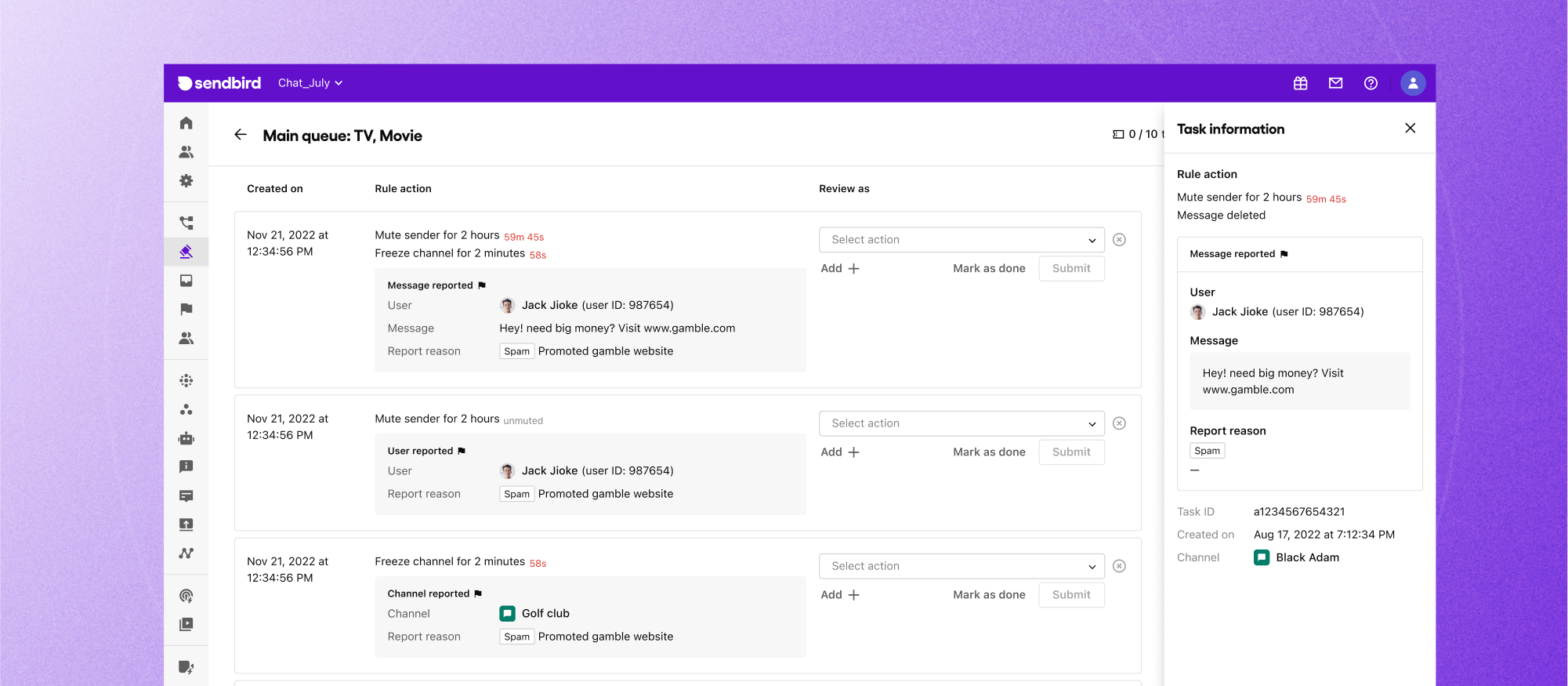 Sendbird moderation dashboard