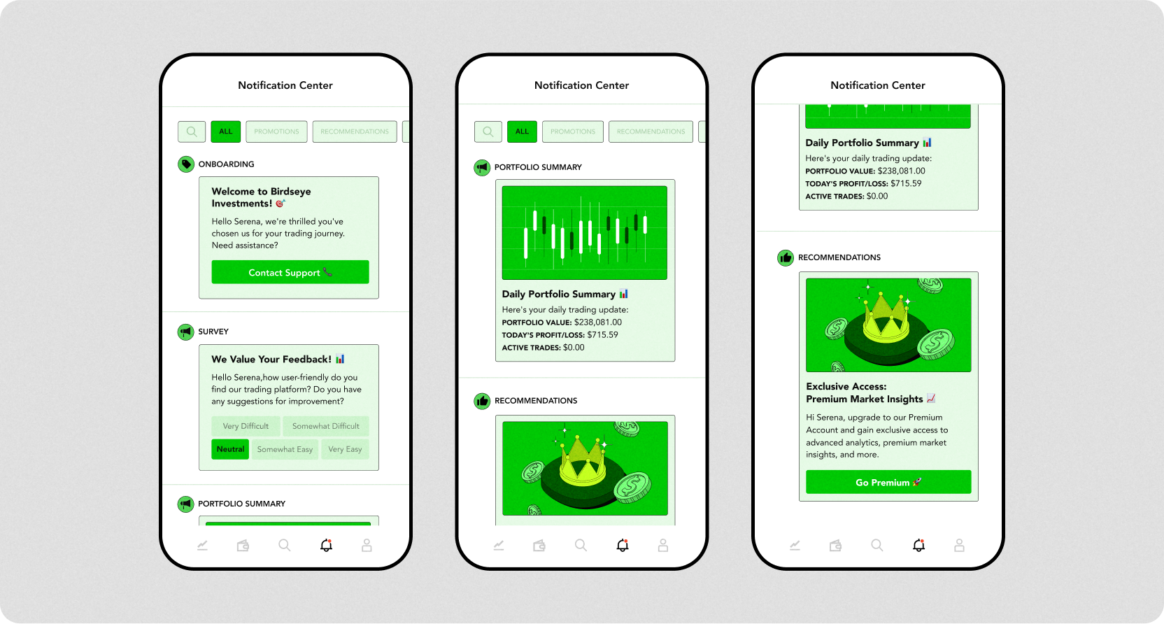 Screenshots depicting examples of an in-app notifications feed.