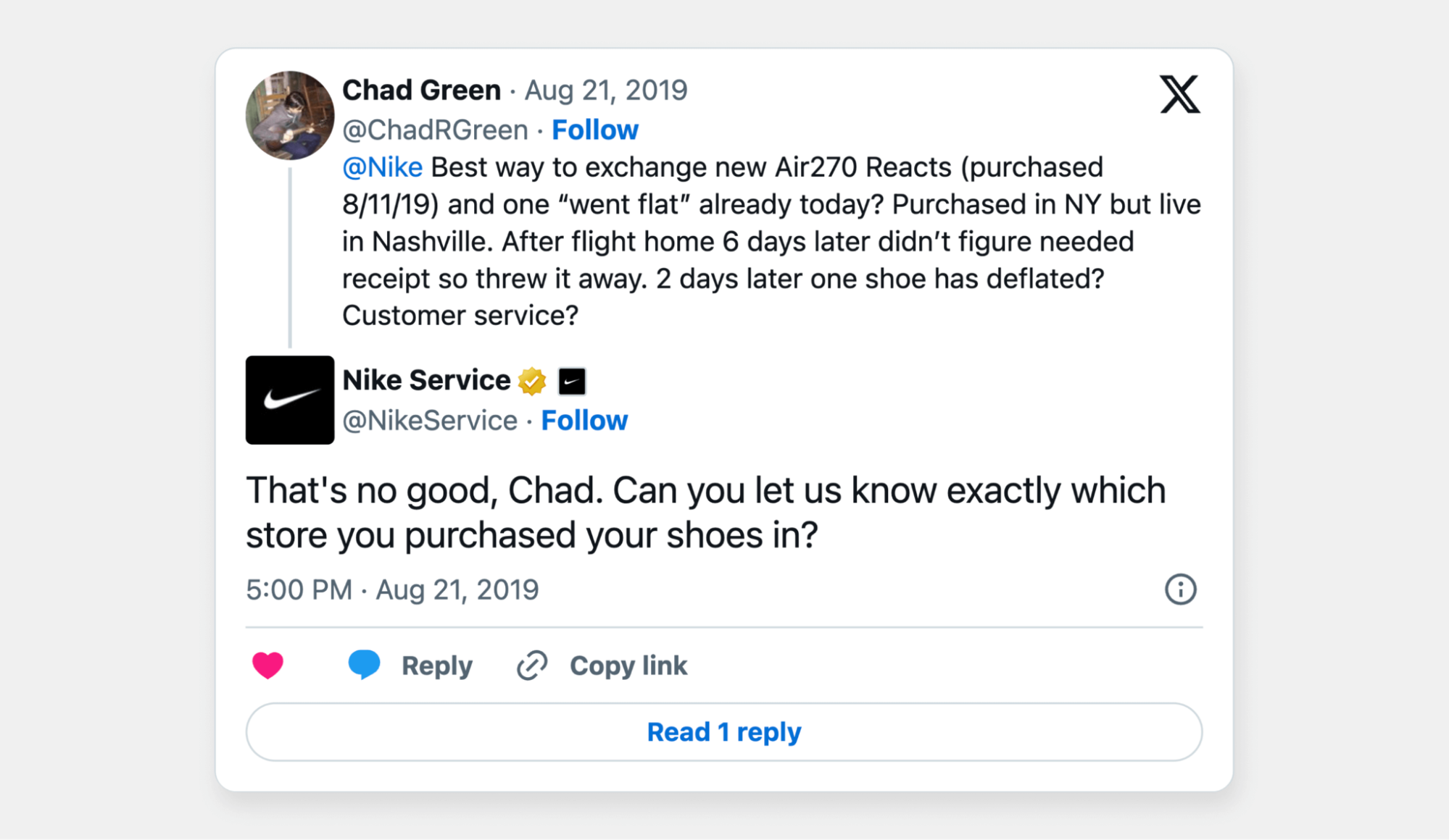 A screenshot of a consumer interacting with Nike on Twitter