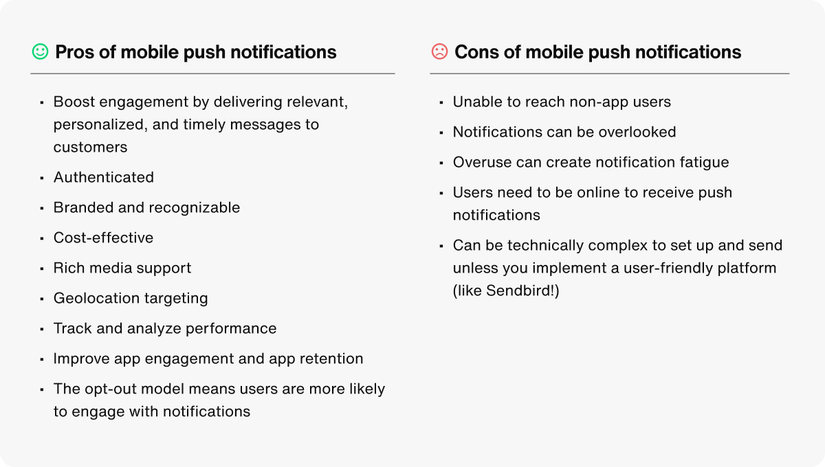 A table depicting the pros and cons of mobile push notifications