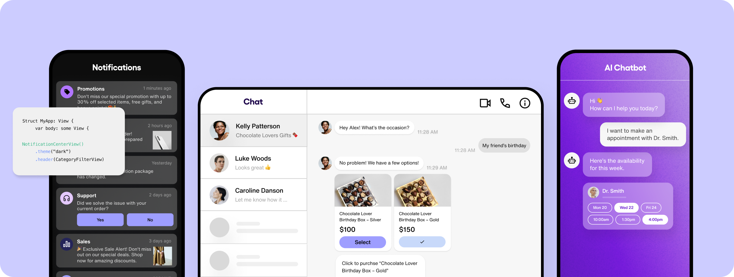 App interfaces showing the capabilities of Sendbird's products