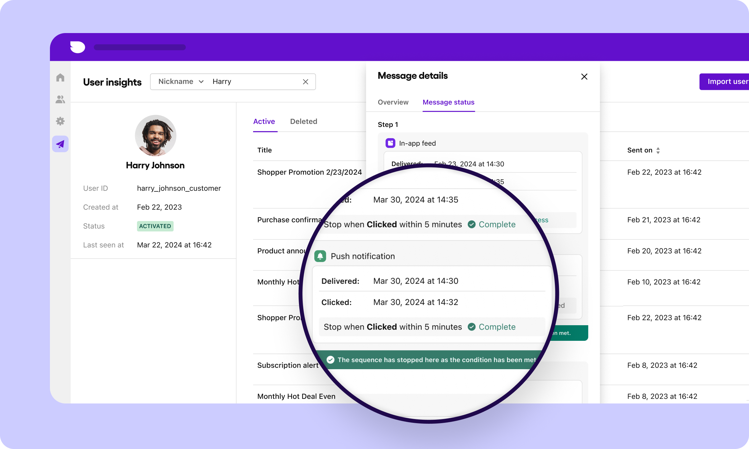 A dashboard that shows user analytics for push notifications