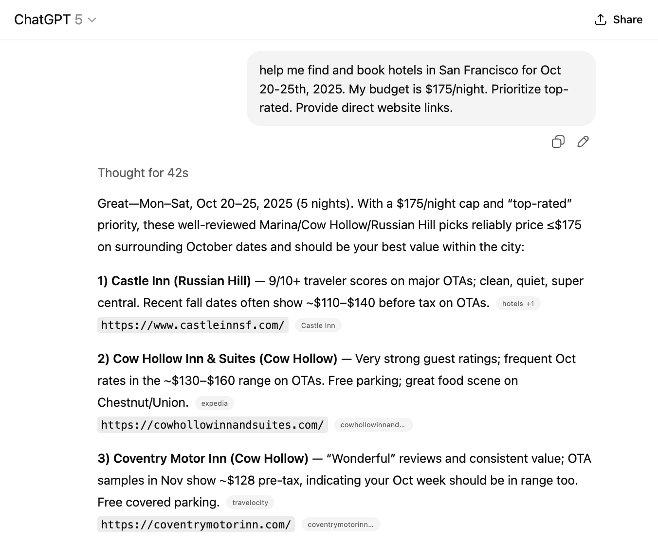 ChatGPT screen with user request to find and book hotels in San Francisco that meet specified criteria