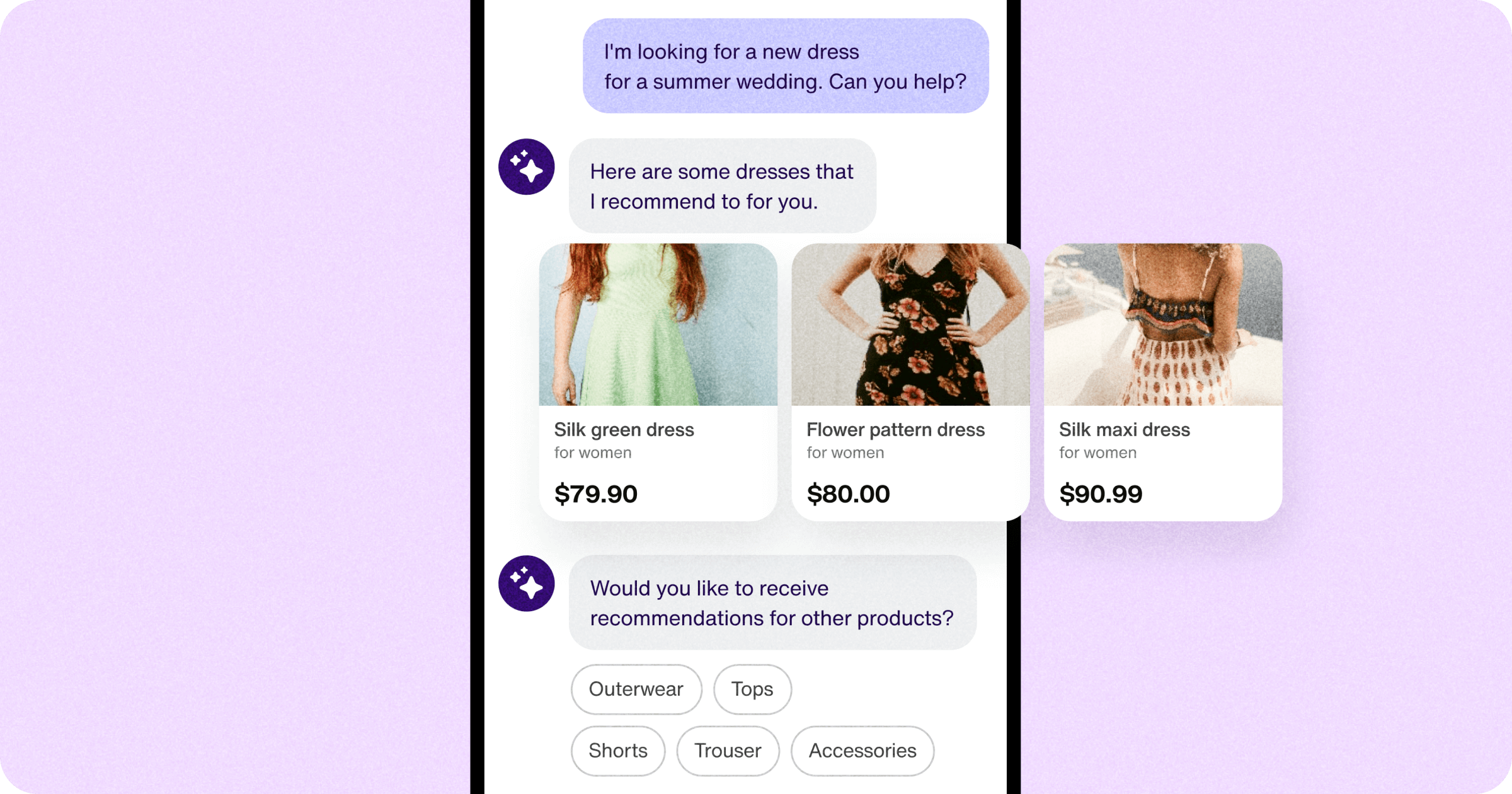 An AI chatbot for ecommerce suggests products to a shopper