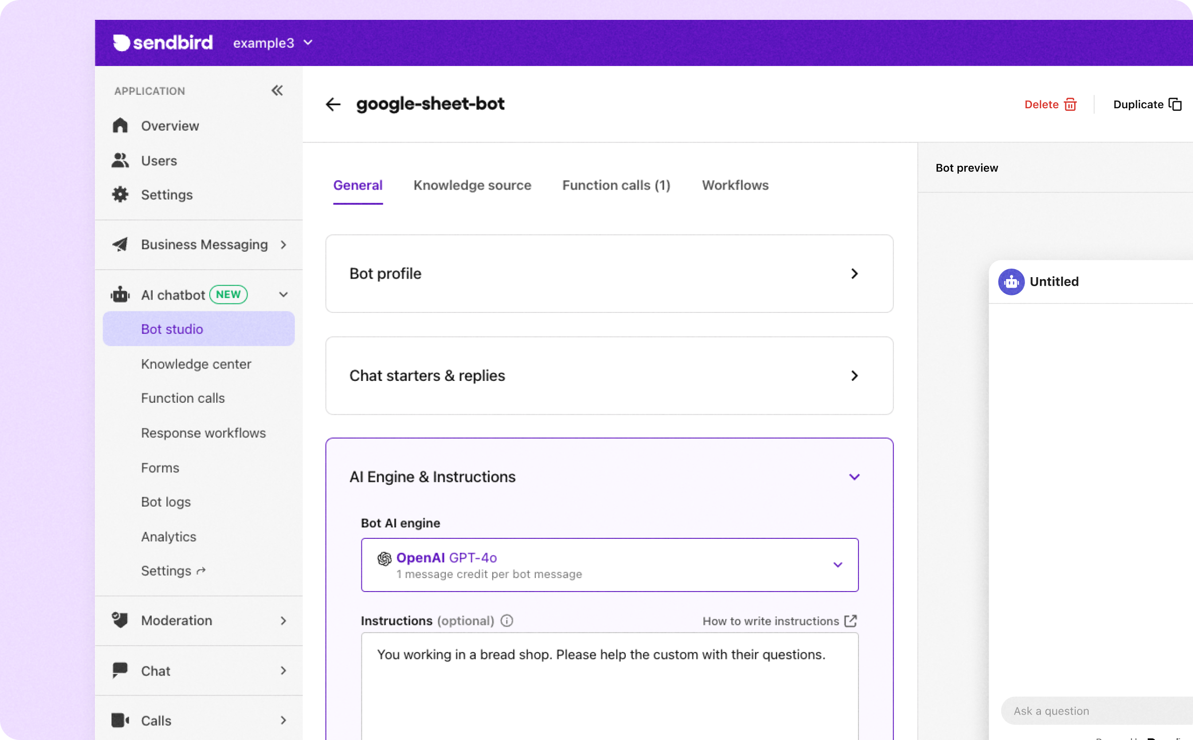 Writing the AI Chatbot prompt in the Sendbird Bot studio