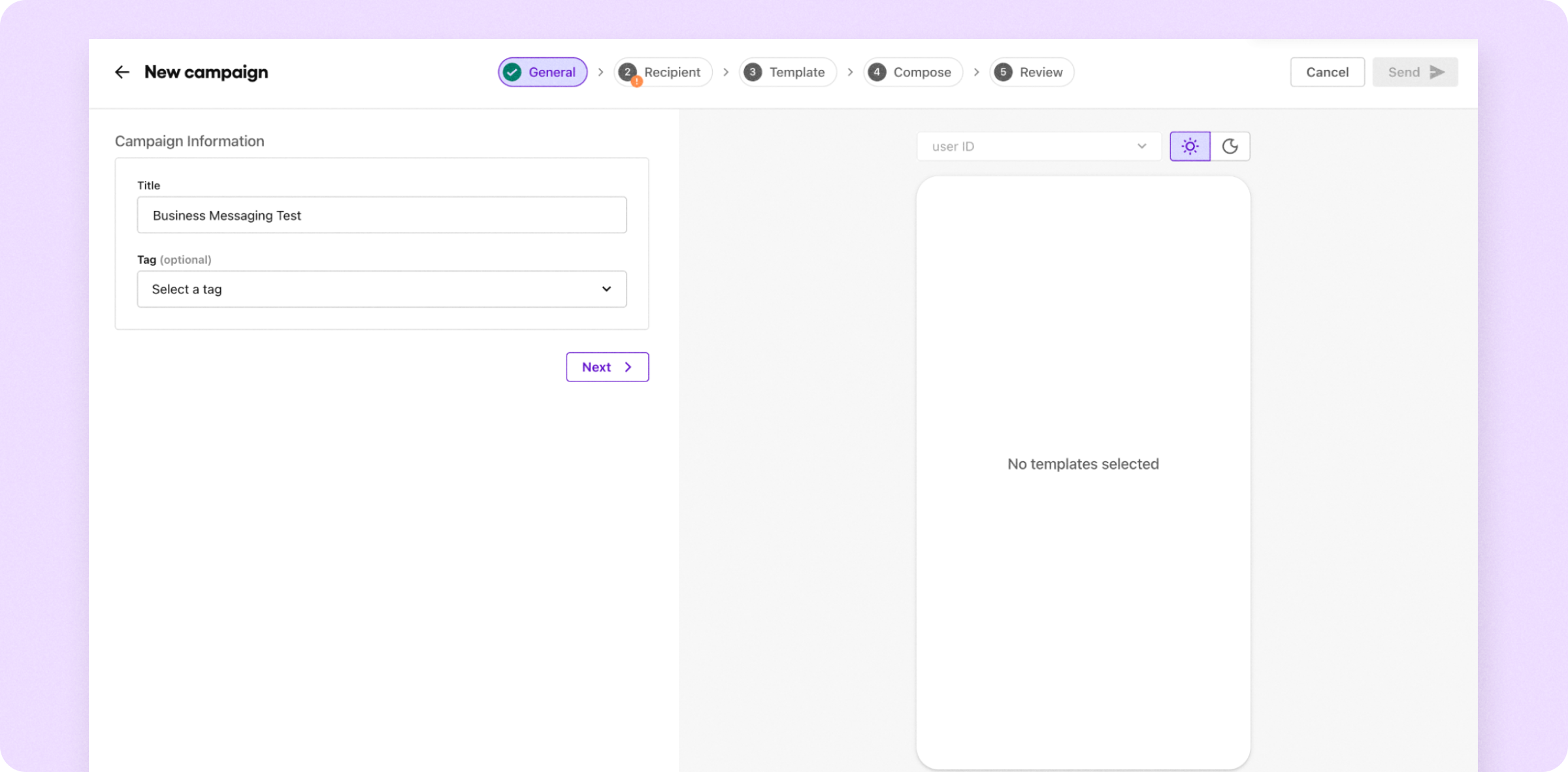 Naming a new messaging campaign in the Sendbird Dashboa
