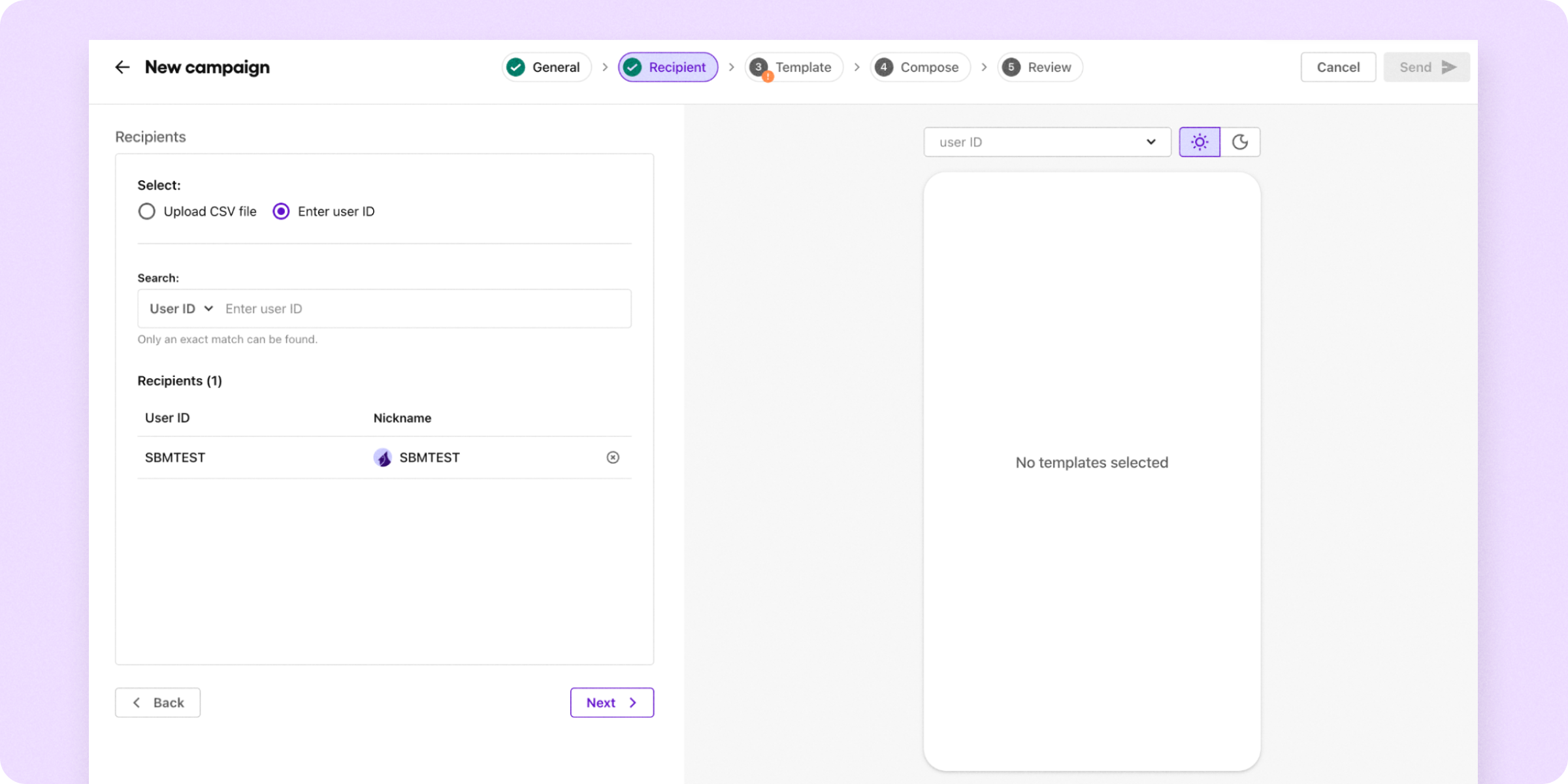 Fig. 11: Searching for the user logged into your Android sample app in the Sendbird Business Messaging Dashboard