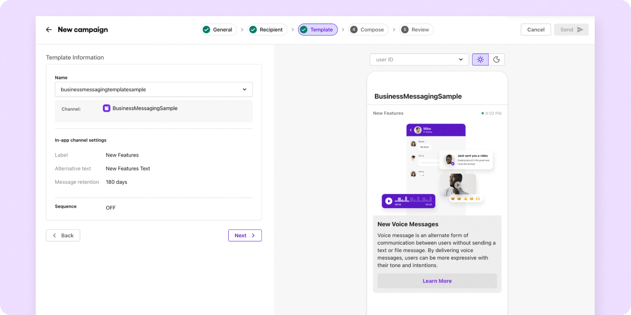 Selecting an existing notification template for business messaging outreach
