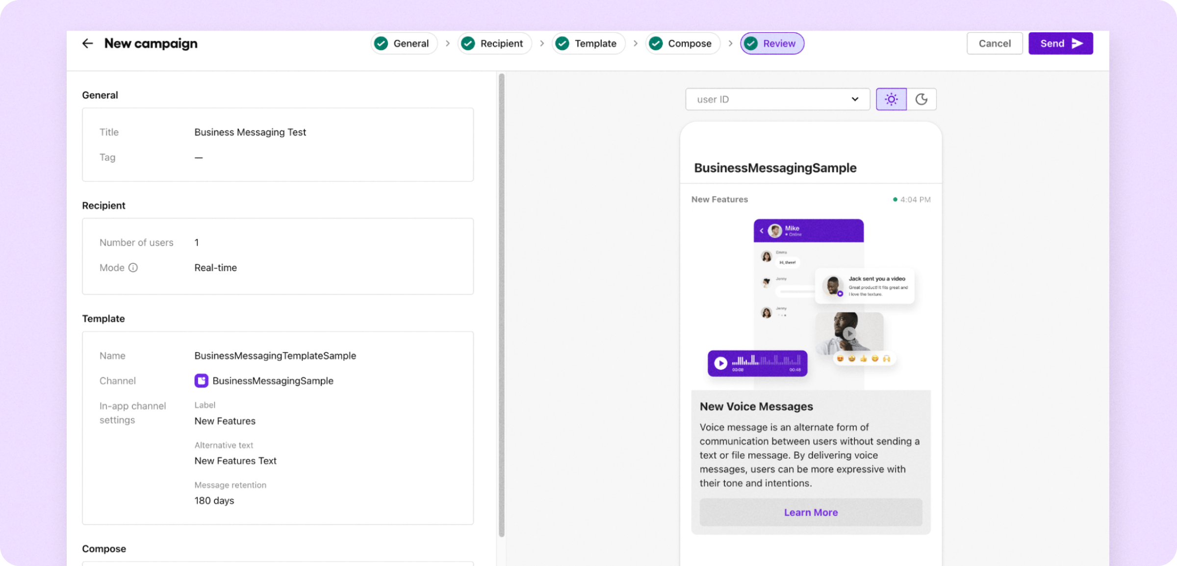 Reviewing a messaging template for a new campaign