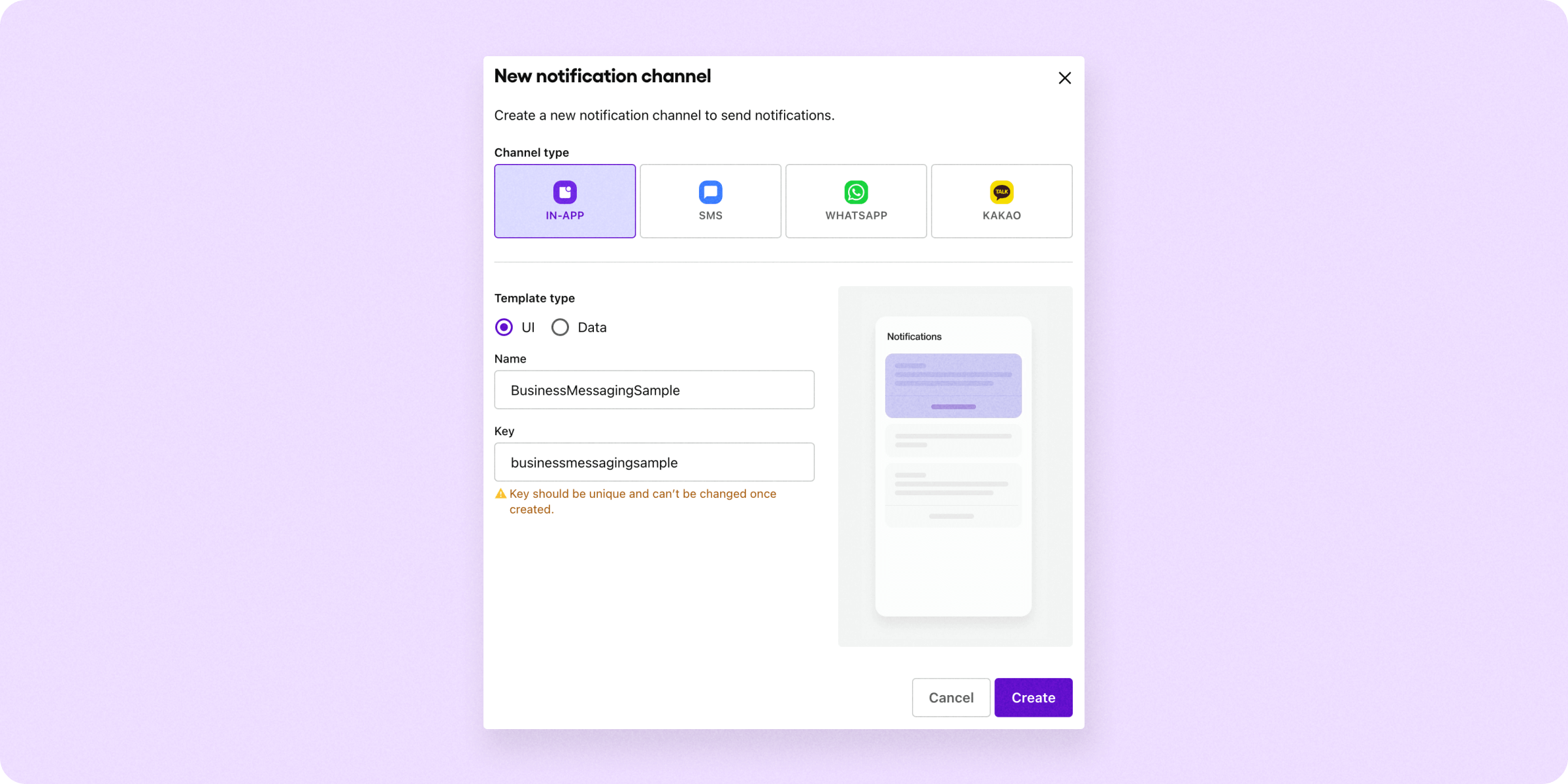 Creating a new notification channel in the Sendbird Dashboard