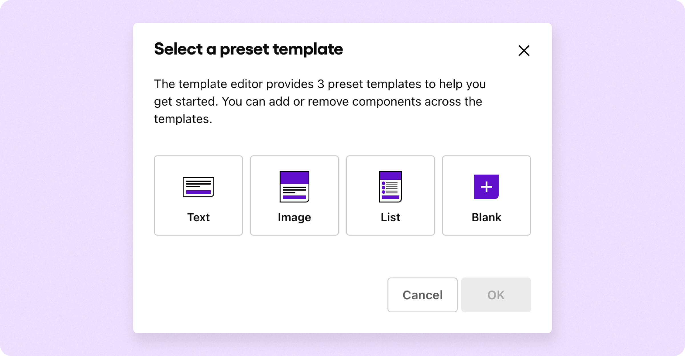 Selecting a notification template before customizing the message UI