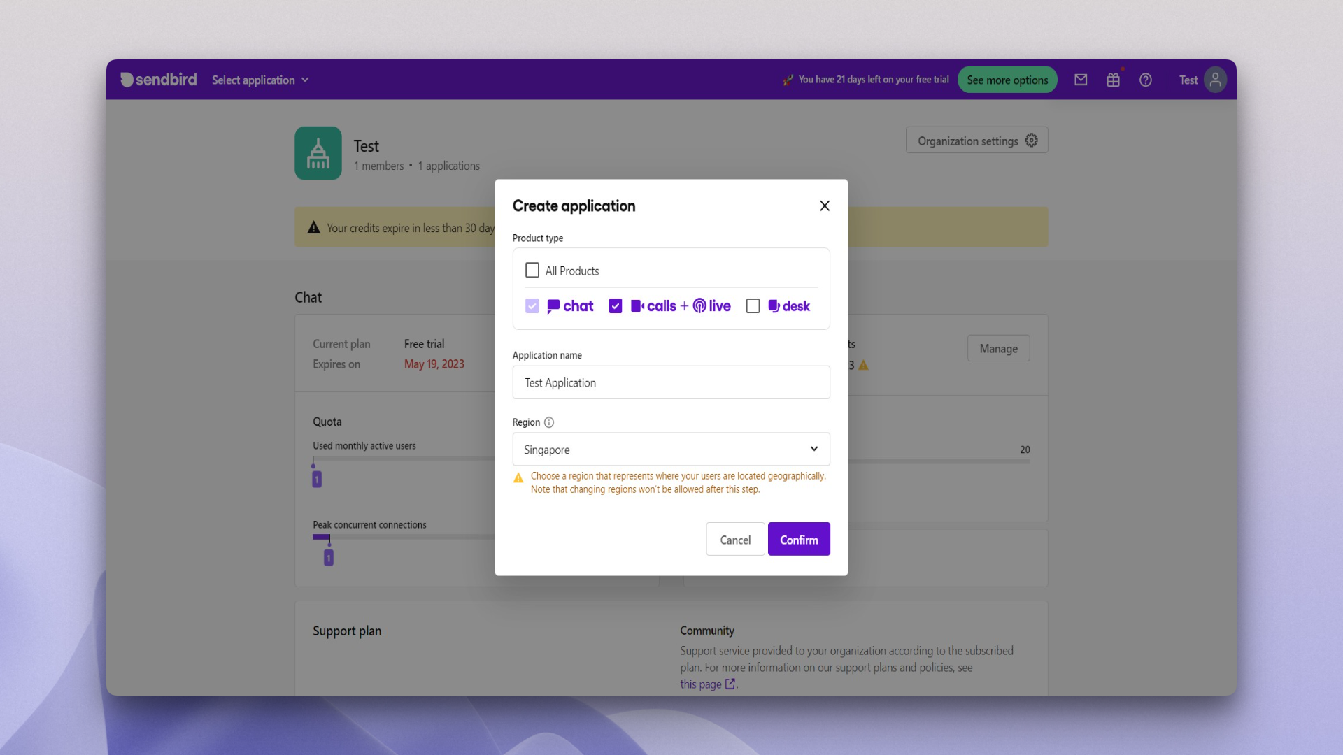 'Create application' dialog box