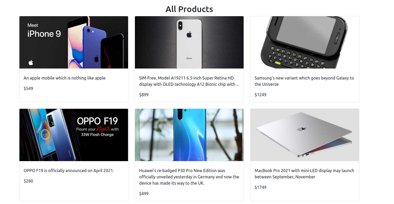 A screenshot showing pictures of Apple products and their prices and descriptions