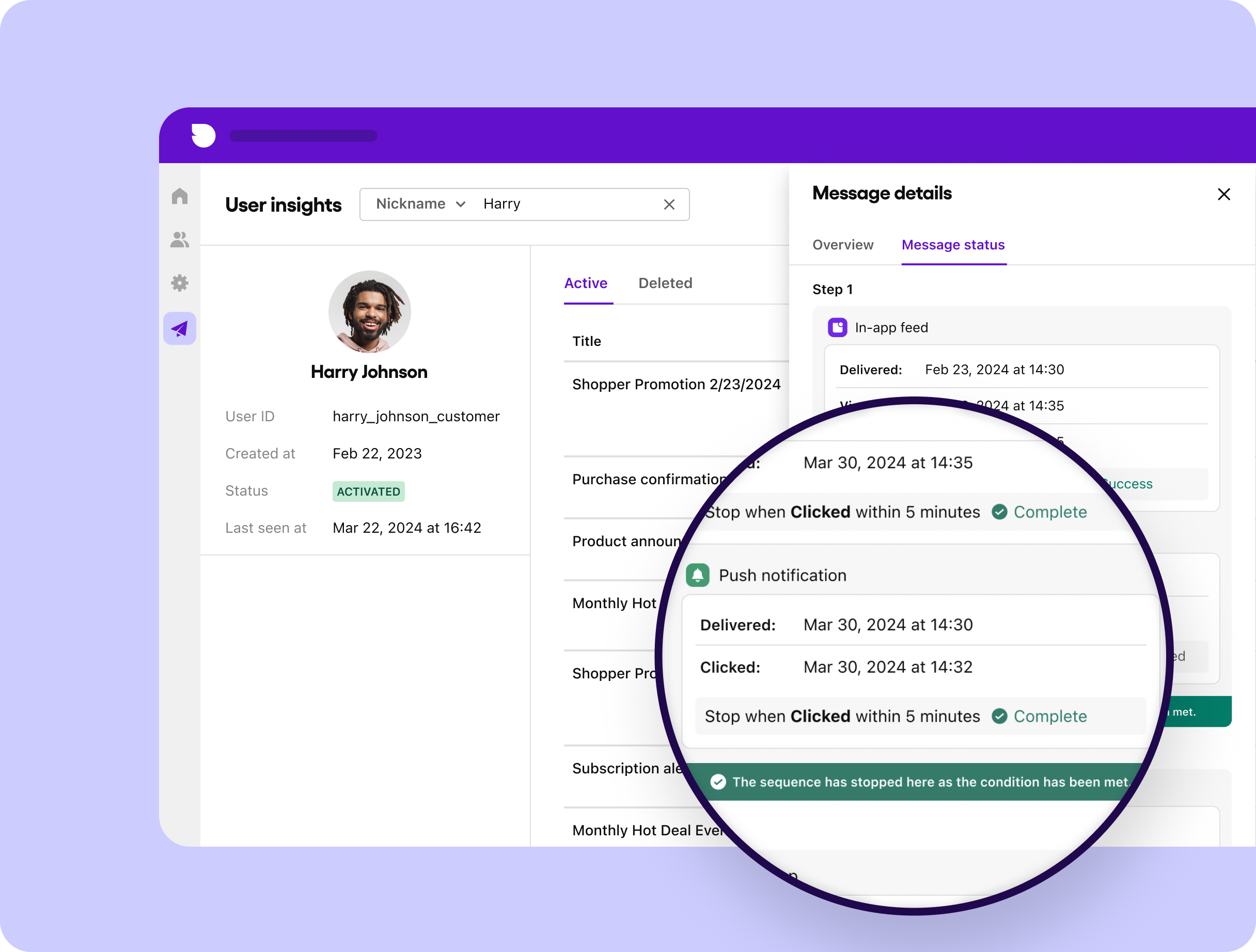 A screenshot depicting user insights with Sendbird Business Messaging
